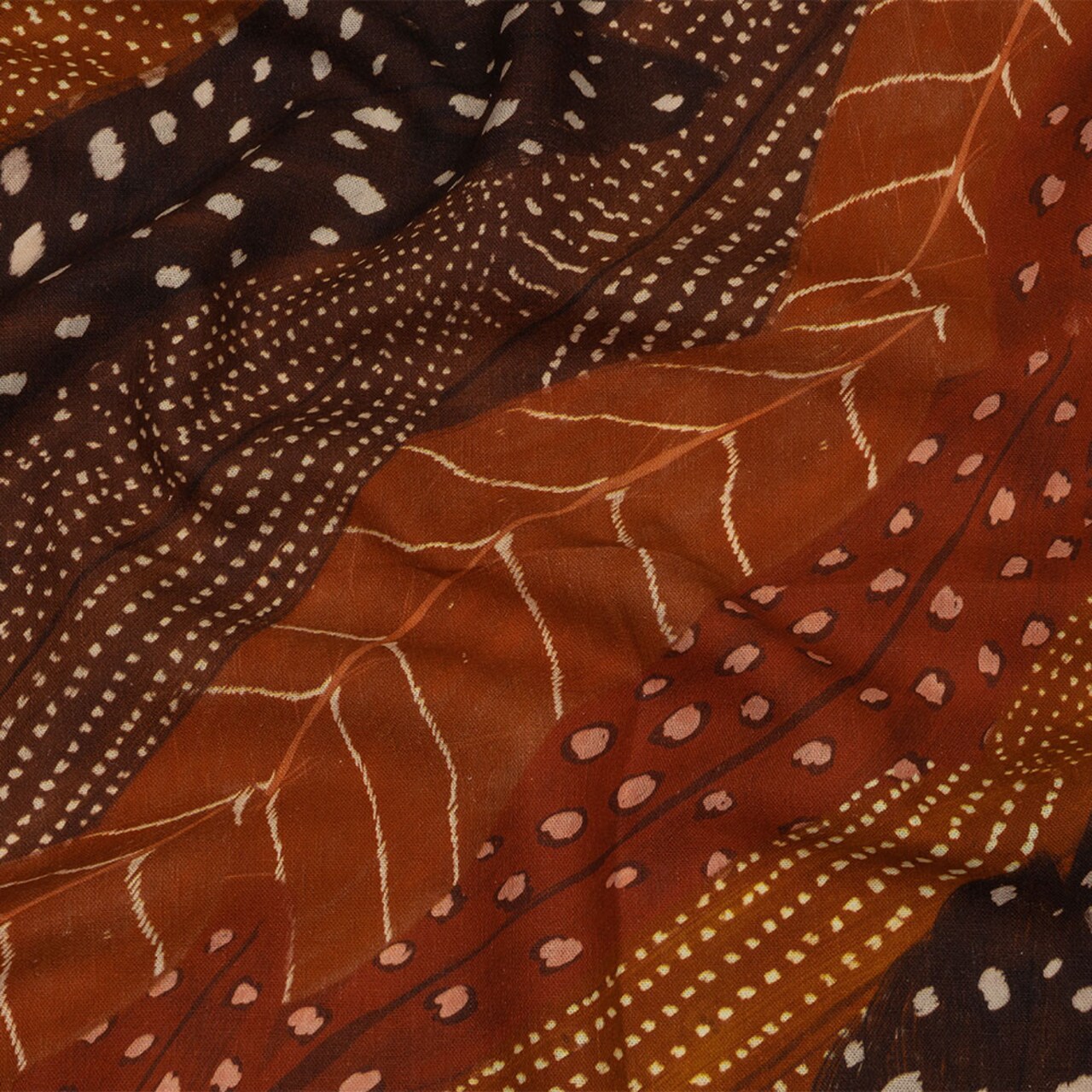 1 Yard Linen and Rayon Woven Brown and Orange Decorated Diagonal Stripes Fabric